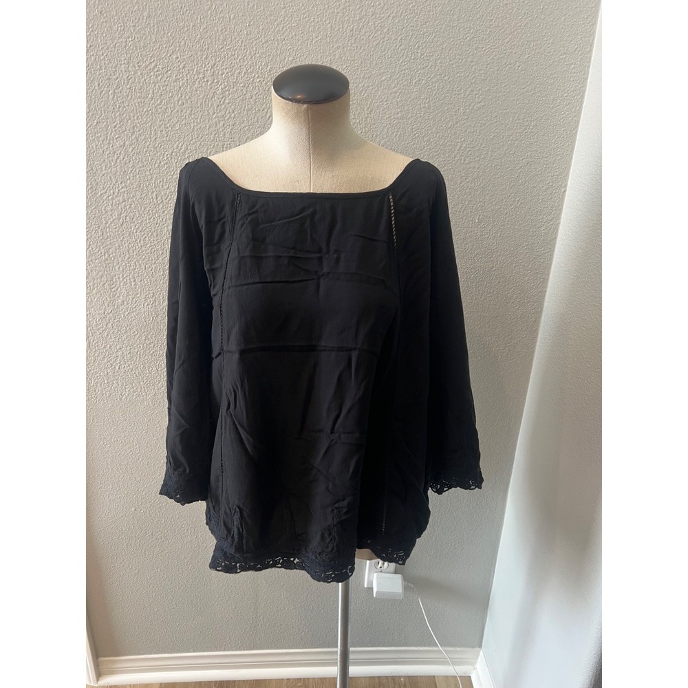 Solitaire Womens Black Boho Blouse Crochet Lace Bell Sleeve Rayon Top